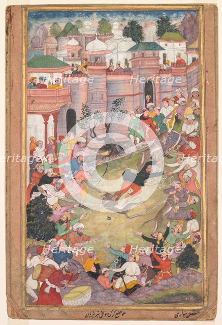 The game of wolf-running in Tabriz, from an Akbar-nama (Book of Akbar), c. 1595-1600. Creator: Banwari (Indian, active c. 1558-1600).