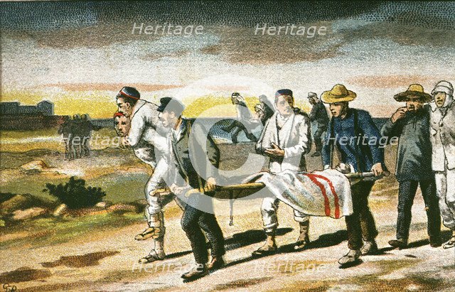 Morocco Campaign in 1913, conduction of Spanish wounded men after a battle, colored engraving.