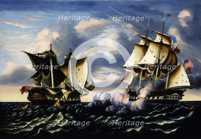 Capture of H.B.M. Frigate Macedonian by U.S. Frigate United States, October 25, 1812, 1852. Creator: Thomas Chambers.