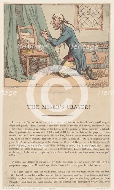 The Miser's Prayer, Feb 10, 1801., Feb 10, 1801. Creator: Thomas Rowlandson.