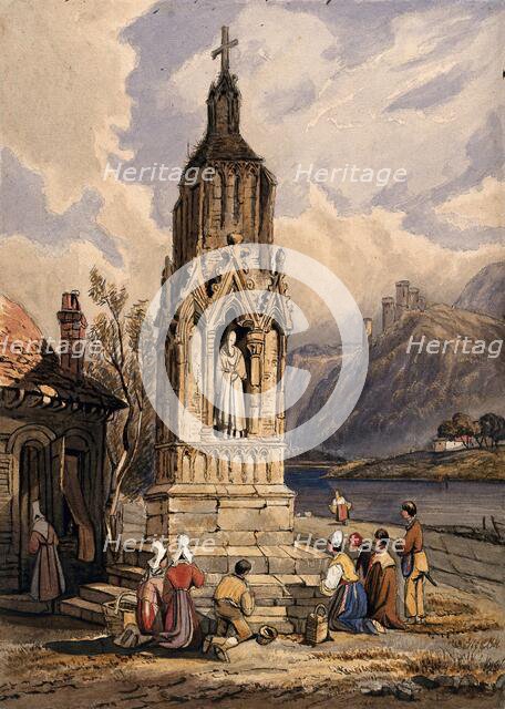 People near a river praying before the figure of a saint on a memorial cross. Creator: Unknown.