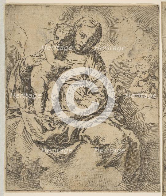 Madonna and Child seated on clouds and surrounded by angels, copy in reverse a..., ca.1639 or after. Creator: Unknown.