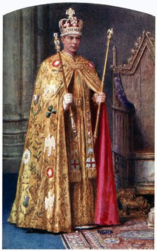 George VI in coronation robes: the Golden Imperial mantle, with St Edward's crown, 1937.Artist: Fortunino Matania