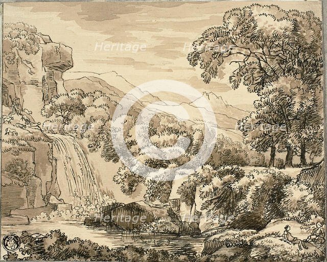 Mountain Landscape with Waterfall and Figures, n.d. Creator: Carl August Lebschee.