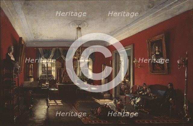 The drawing room in the Nashchokin House in Moscow, Early 1840s. Artist: Podklyuchnikov, Nikolai Ivanovich (1813-1877)