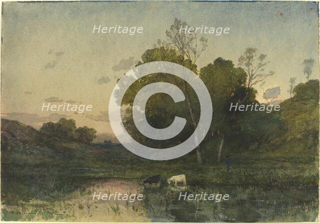 Evening Light on a Wooded Lakeside with Cattle Drinking, 1882. Creator: Henri-Joseph Harpignies.