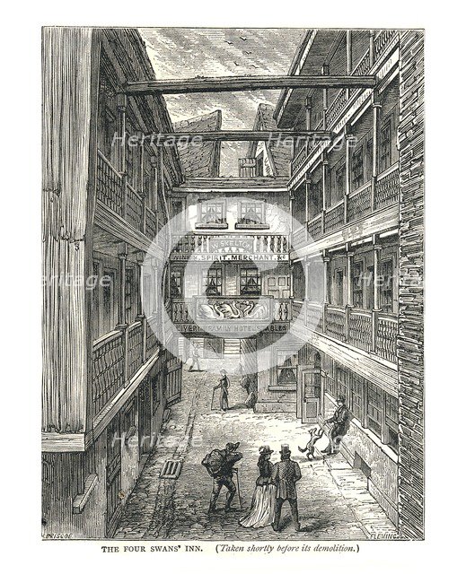 The Four Swans Inn shortly before demolition, 1878. Artist: Walter Thornbury