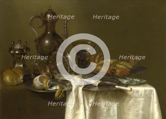 Still Life: Pewter, Silver Vessels and a Crab, ca 1636. Artist: Heda, Willem Claesz (1594-1680)