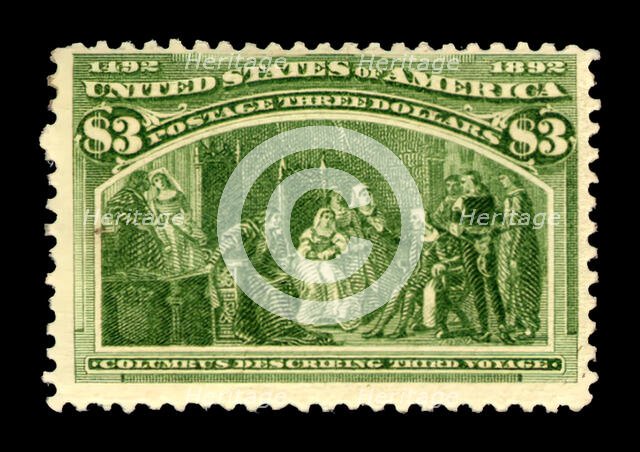 $3 Columbus Describing His Third Voyage single, 1893. Creator: American Bank Note Company.