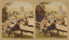 Three men at a table outside, castle in background, 1857-1862. Creator: Roger Fenton.