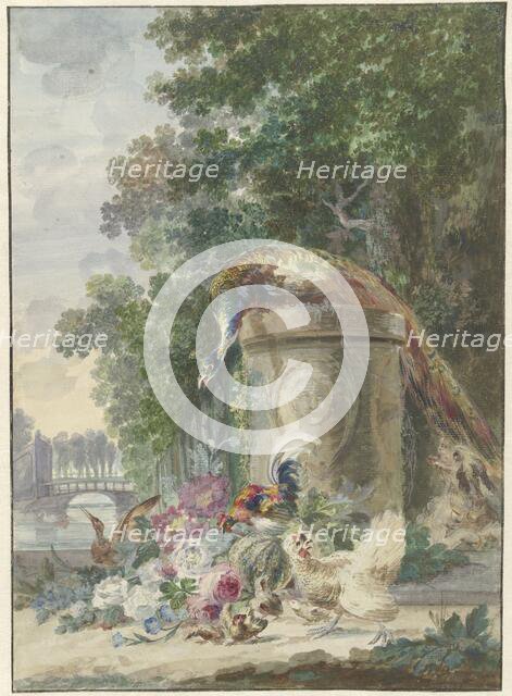 Peacock and Poultry in a Park, Chased by a Dog, c.1775-c.1800. Creator: Arie Lamme.