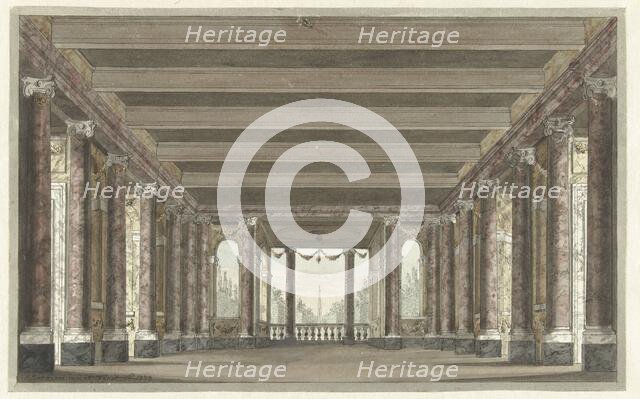 Design for a theater decor of a column gallery with Loggia, 1779. Creator: Pieter Barbiers.