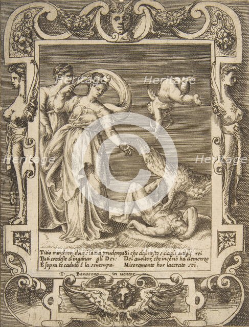 A vulture eating the innards of Titius, Cupid above two women to the left, set within a..., 1531-76. Creator: Giulio Bonasone.