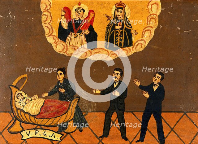 Two men and a woman praying for the health of a child, c1890. Creator: Unknown.