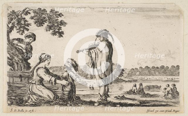 A man playing the violin in center, turned towards the left in profile, a seated woman to ..., 1649. Creator: Stefano della Bella.