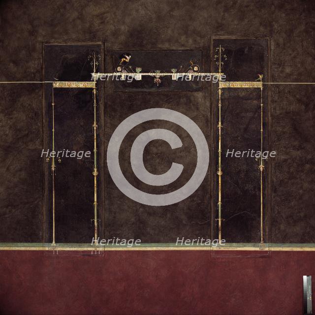 Wall painting on black ground: supports with entrablature, from the imperial villa..., 1st cent B.C. Creator: Unknown.