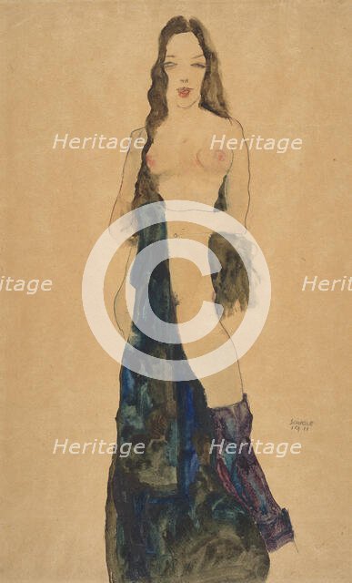 Nude Girl Standing With Blue-Black Drape, 1911. Creator: Schiele, Egon (1890-1918).