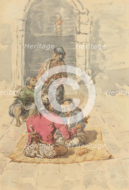 Four Javanese at the entrance of the stairs to the terraces of Borobudur, c.1800-c.1899. Creator: Joannes Henricus Willem le Clercq.