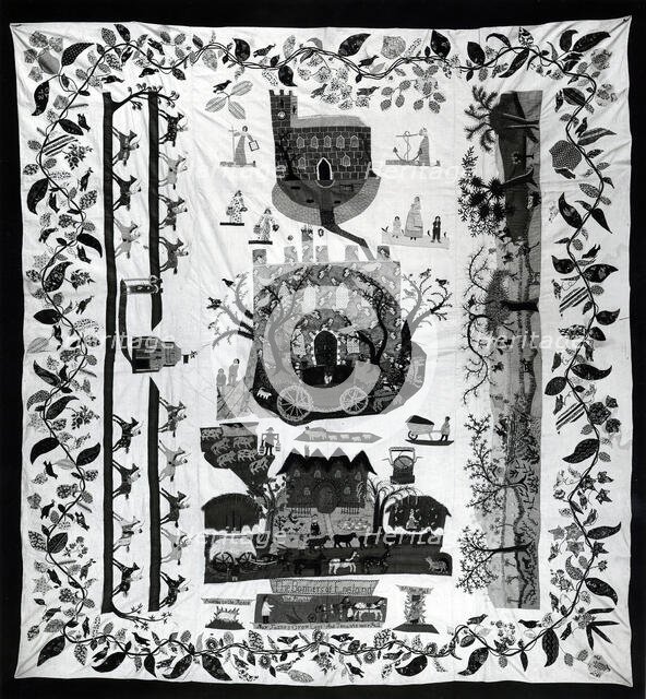 Bedspread (Scenes of English Country Life), England, c. 1830. Creator: Unknown.