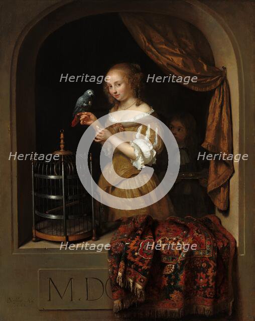A Woman Feeding a Parrot, with a Page, 1666. Creator: Gaspar Netscher.