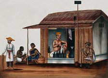 A man seated in a arrack shop pours a drink, (between 1800 and 1899?). Creator: Unknown.