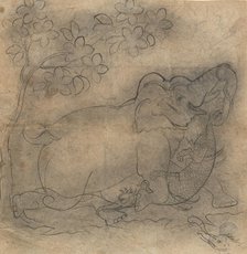 The Elephant King Wrestles a Crocodile: Illustration from a Gajendramoksha Series, late 19th cent. Creator: Unknown.