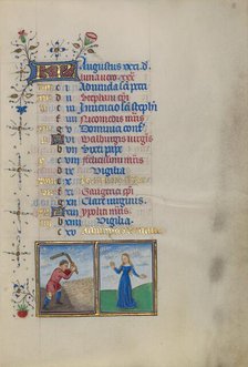 Calendar Page for August: Threshing: Virgo; Book of Hours, about 1450-1455. Creator: Master of the Lee Hours.