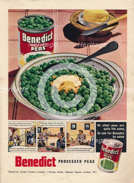 Advert for Benedict processed peas, 1951. Artist: Unknown