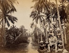 Singapore: a western hunter and native Malays with a background view of the Roman Catholic..., 1880. Creator: John Edmund Taylor.