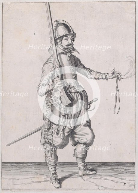 A soldier holding up his caliver in his right hand and extending his left to rec..., published 1608. Creator: Robert Willemsz de Baudous.