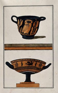 Above, black ground two-handled red-coloured Greek cup (kylix) decorated with an owl..., 1760-9. Creator: Augustin Dahlsteen.