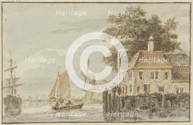 House by the water and a windmill, with several ships nearby. Creator: Hendrik Spilman.