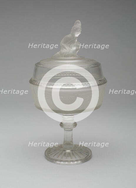 Westward Ho!/Pioneer pattern covered compote on pedestal, c. 1876. Creator: Gillinder & Sons.