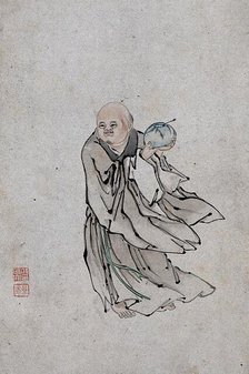 A Chinese man holding a bowl containing a spoon, (between 1800 and 1899?). Creator: Unknown.