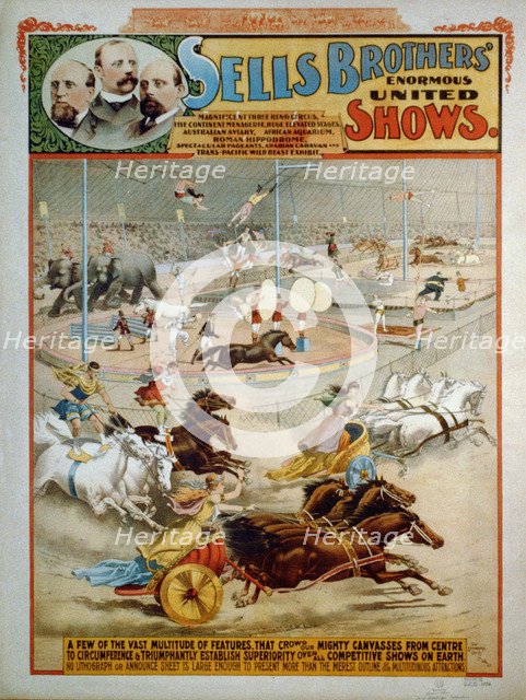 Sells Brothers' Enormous Shows, ca 1885. Artist: The Strobridge Lithographing Company  