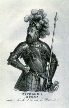 Guifre I 'the Hairy' (840 - 897), count of Cerdanya, Urgell, Barcelona, Girona and Besalú, engrav…