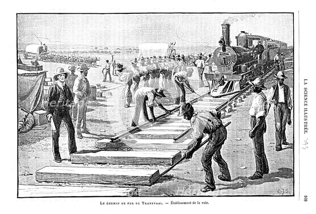 Laying sleepers and rails (permanent way) on the Transvaal Railway, South Africa, 1893. Artist: Unknown