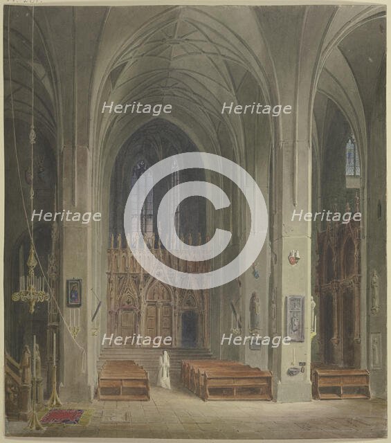 The interior of a church with a nun, 1840. Creator: Carl Theodor Reiffenstein.