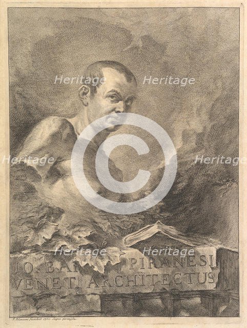 Portrait of G.B. Piranesi in imitation of an antique bust, from Opere varie di Architettur..., 1750. Creator: Francesco Polanzani.