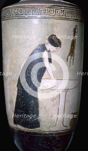 White-ground lekythos with a pianting of a woman at a wash basin, Attica, Greece, 470BC-460BC. Artist: Unknown