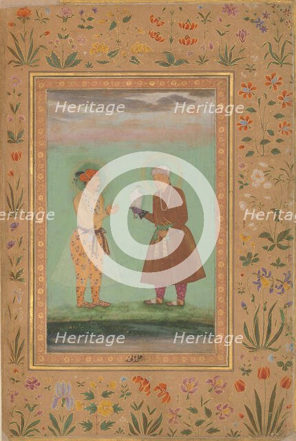 Jahangir and his Father, Akbar, Folio from the Shah Jahan Album, verso: ca. 1630 Creator: Balchand.