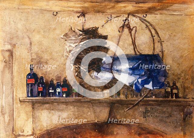 A shelf of bottles containing medicinal chemicals..., 1910-1950. Creator: Lucy Elizabeth Pierce.