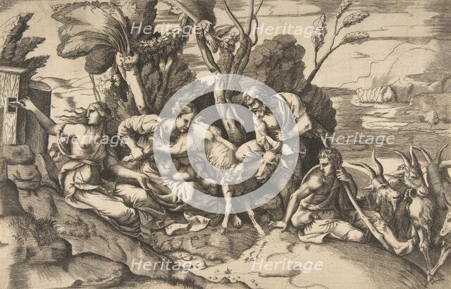 Jupiter suckled by the goat Amalthea, 1531-76.. Creator: Giulio Bonasone.