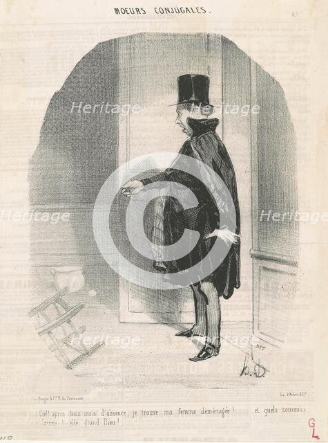 Ciel! aprés trois mois d'absence, je trouve ma femme déménagée!, 1842. Creator: Honore Daumier.