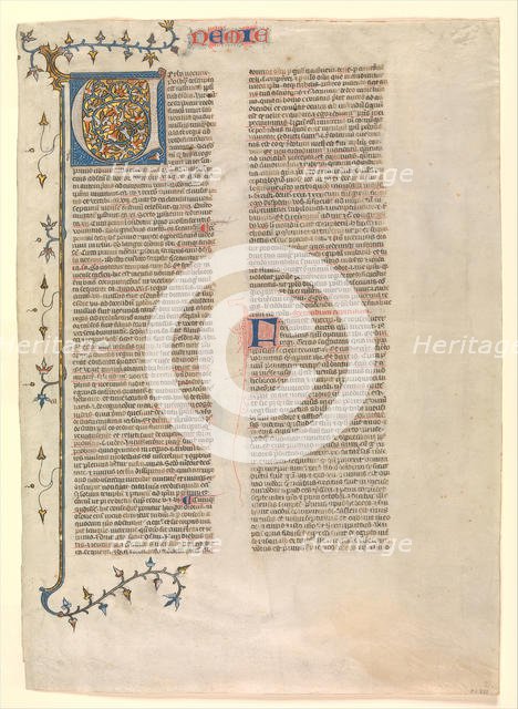 Initial "V" from the commentary of Nehemiah, one of six illustrated leaves..., ca. 1360-1380. Creator: Nicholas of Lyra.