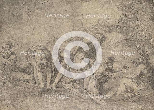 The miraculous draught of the fishes, Christ at the right accompanied by apostles in..., ca.1548-52. Creator: Andrea Schiavone.