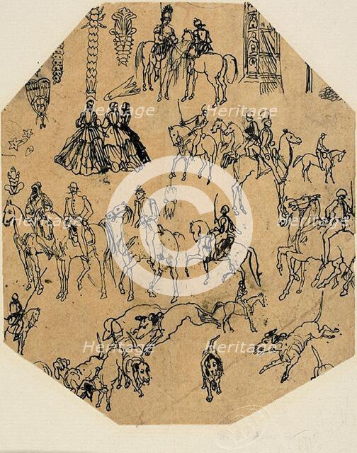 Sheet of Sketches: Hounds, Riders, Ladies. Architectural Elements, Insects, n.d. Creator: Rodolphe Bresdin.