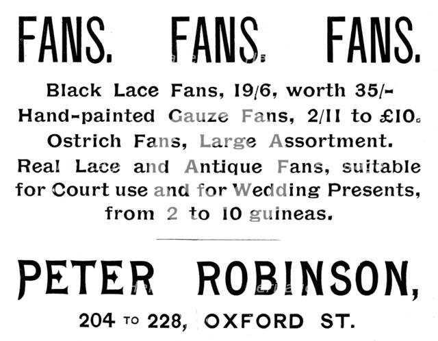 Advertisement for Peter Robinson fans, 1895. Creator: Unknown.