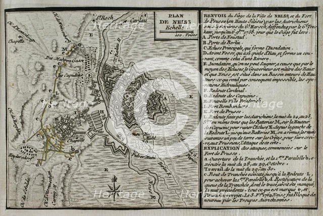 Map of the siege of the town of Neisse by General Harsch's Austrian army, 1758 (1765).  Creator: Jean de Beaurain.