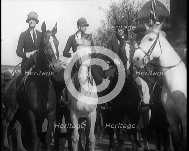 Female Civilians on Horseback Demonstrating in London Against Continuous Strikes in the Rain, 1926. Creator: British Pathe Ltd.